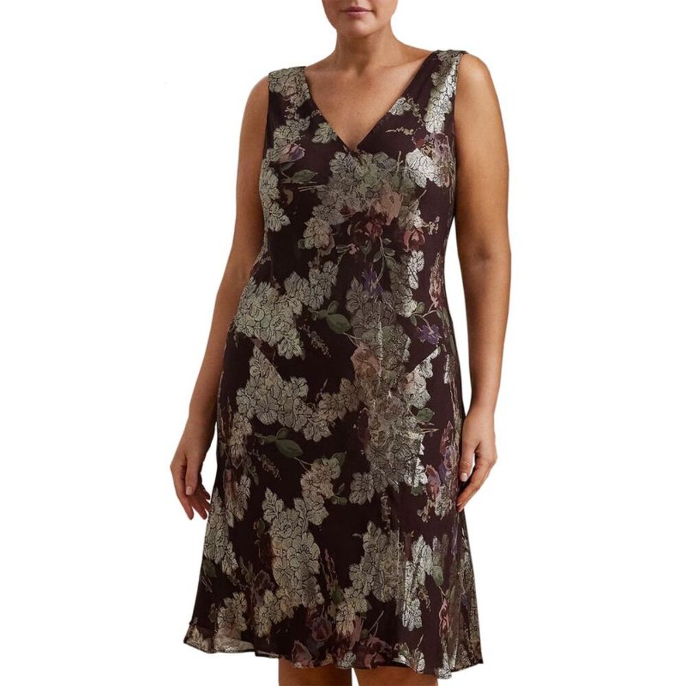 Lauren Ralph Lauren Womens Floral Metallic Jacquard Cocktail Dress 12 Burgundy - Picture 2 of 4